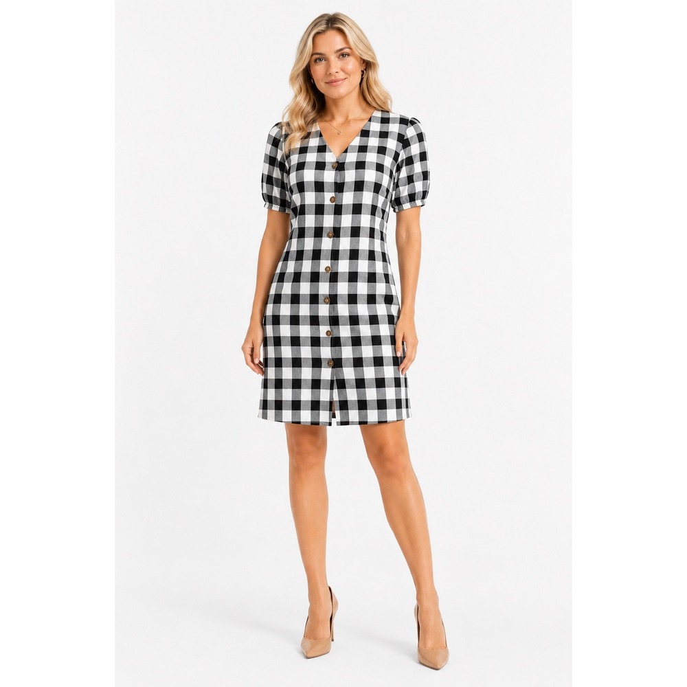 LOFT Gingham Button Front Dress 8 Black White Linen Blend Puff Sleeve NEW